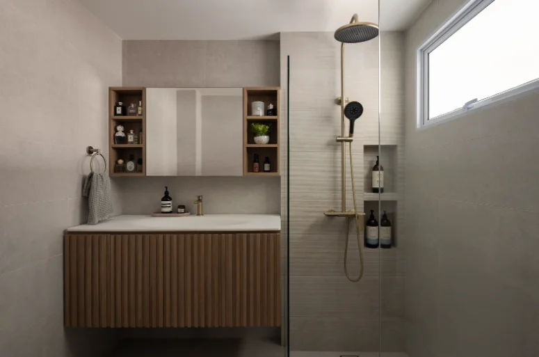 Contemporary bathroom renovation in Singapore featuring warm wood accents.
